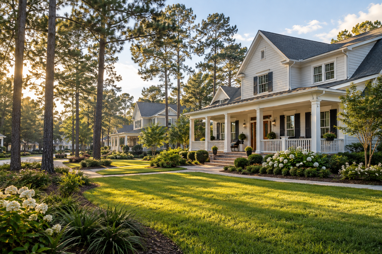 Illustrative tree-lined neighborhood with welcoming homes and landscaped lawns